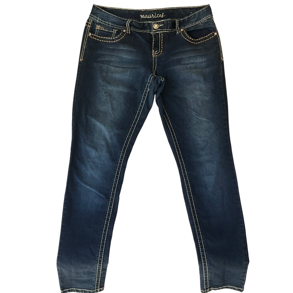Maurices Women Skinny Jeans Size L (16) Blue Mid Rise Stretch Boot Cut w Sequin
